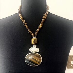 Tigers Eye Beaded Pendant Necklace - Brown